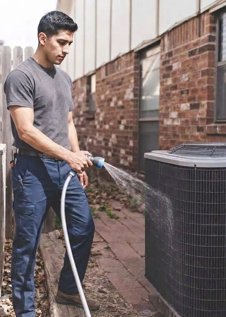 HVAC technician rinsing a condenser coil during a maintenance service