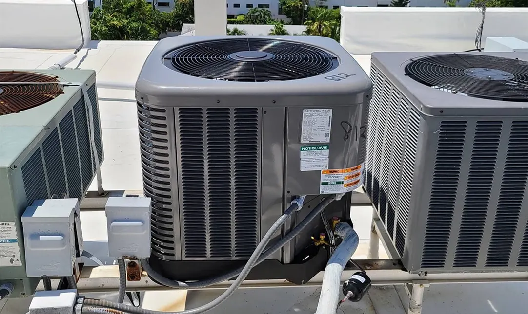A newly installed residential air conditioning condenser system